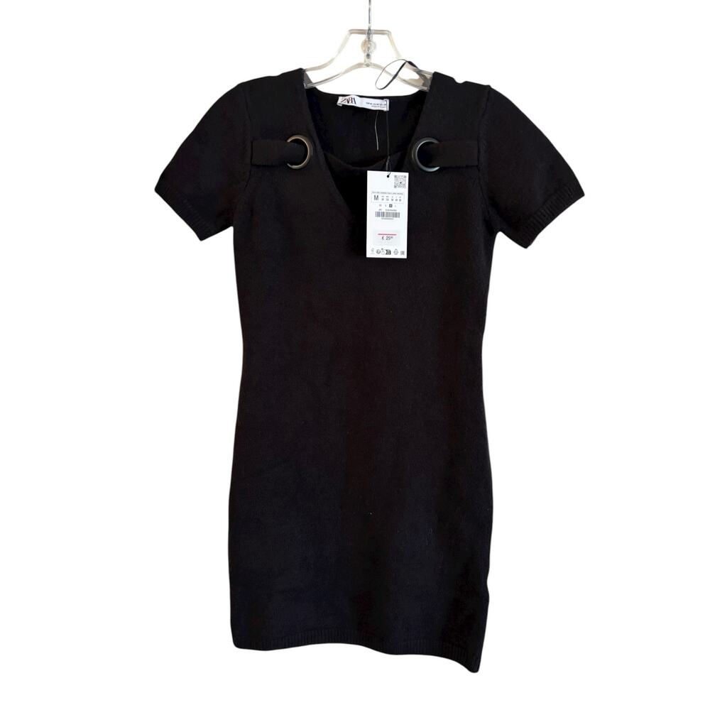 NWT Zara Black Mini Sweater Dress Short Sleeve Wool Blend Size M Grunge Goth